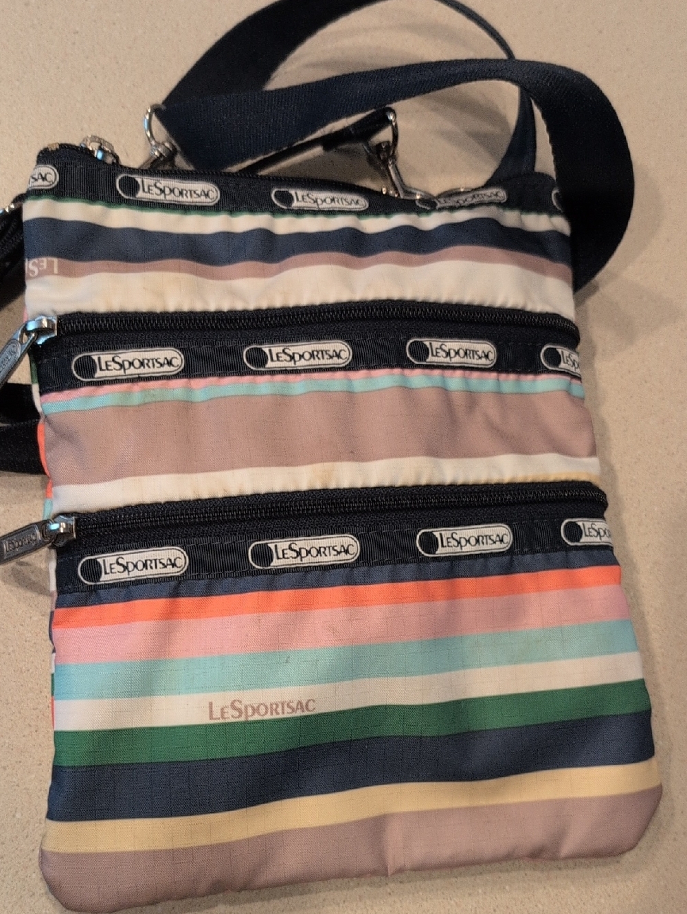 LeSportsac Striped Crossbody in Navy, Green, Coral, Aqua & Cream